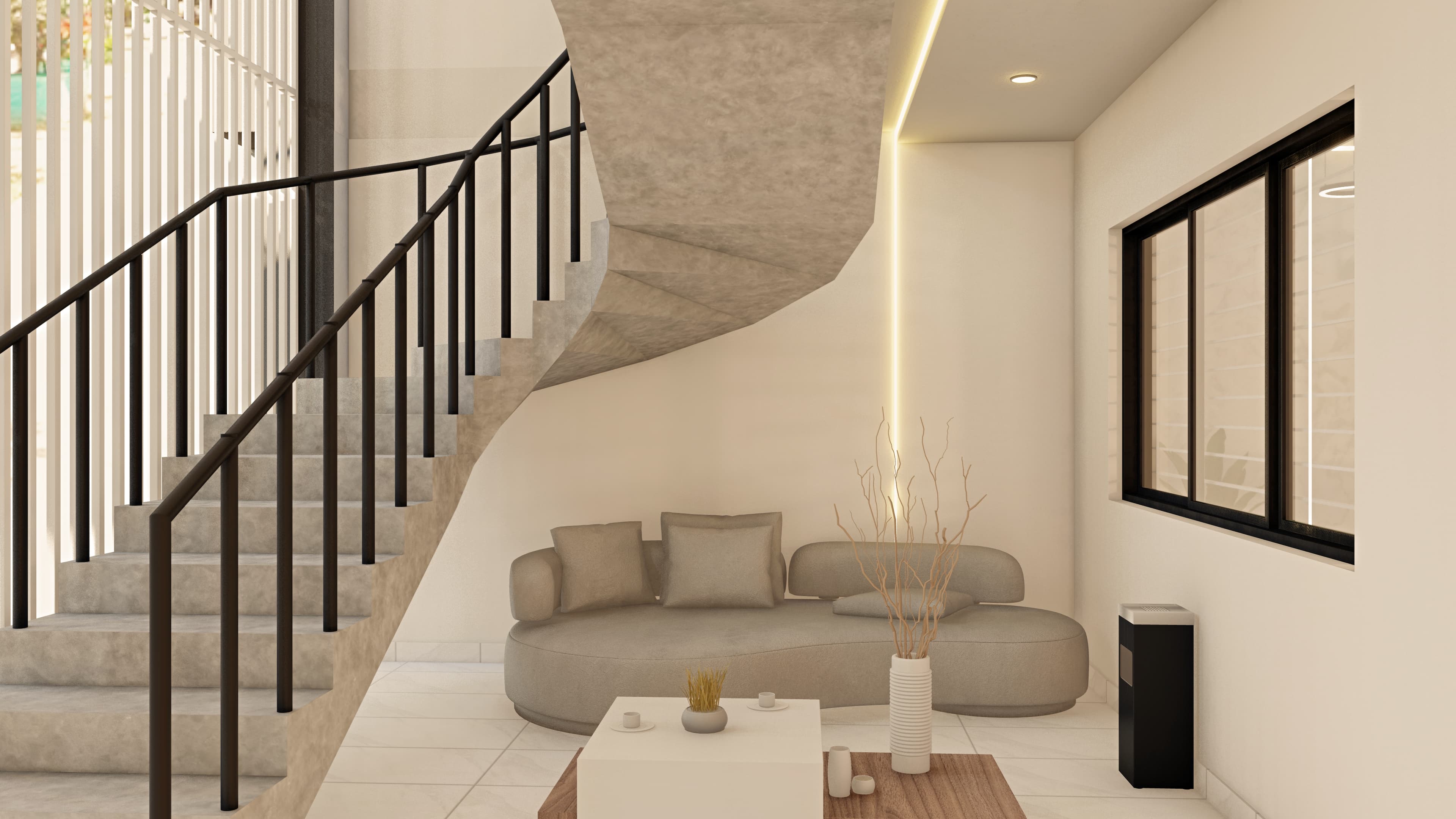 Espacio interior renderizado junto a escalera y sala de espera.