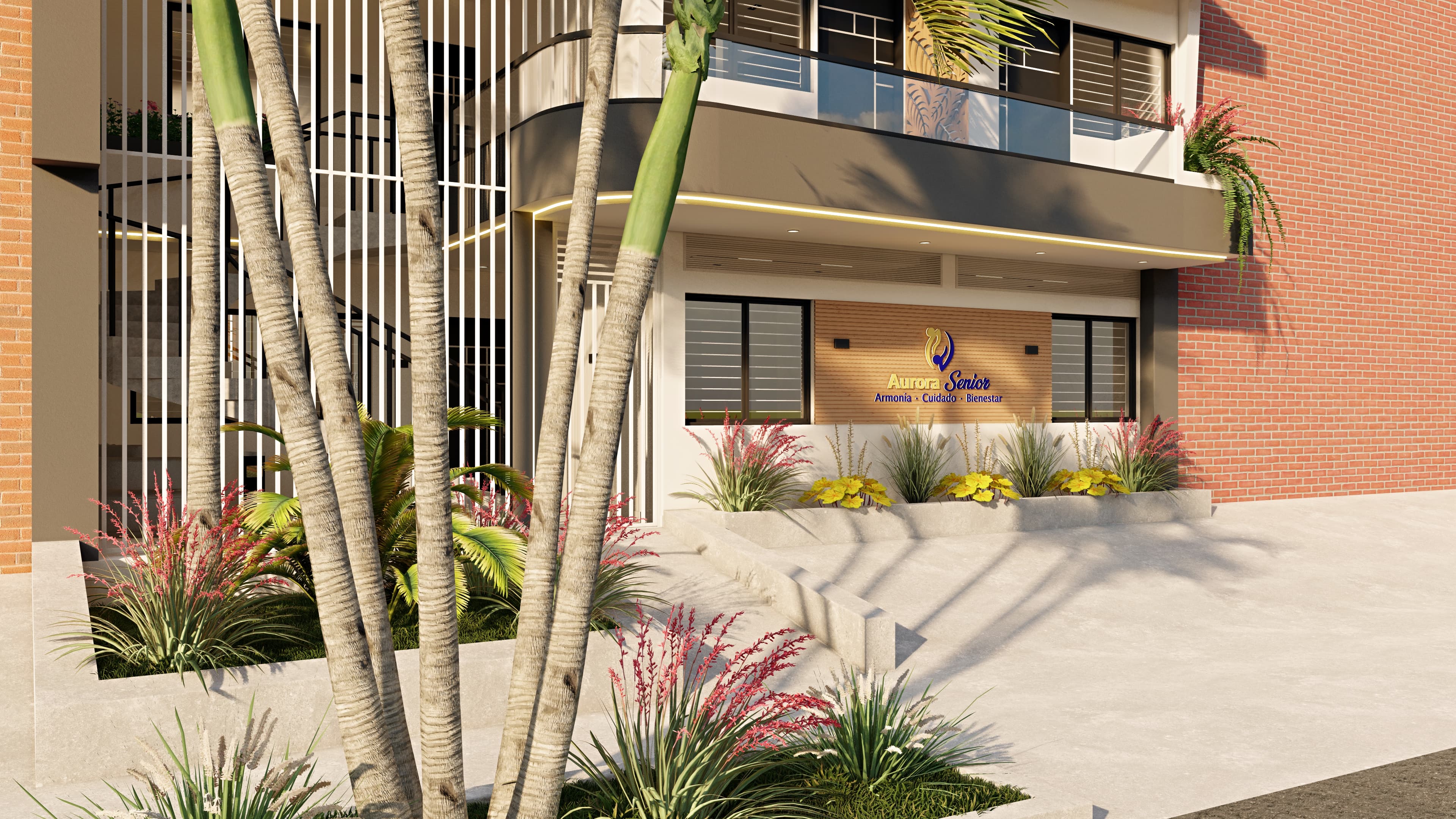 Detalle exterior de acceso y paisajismo del proyecto Aurora Vital.