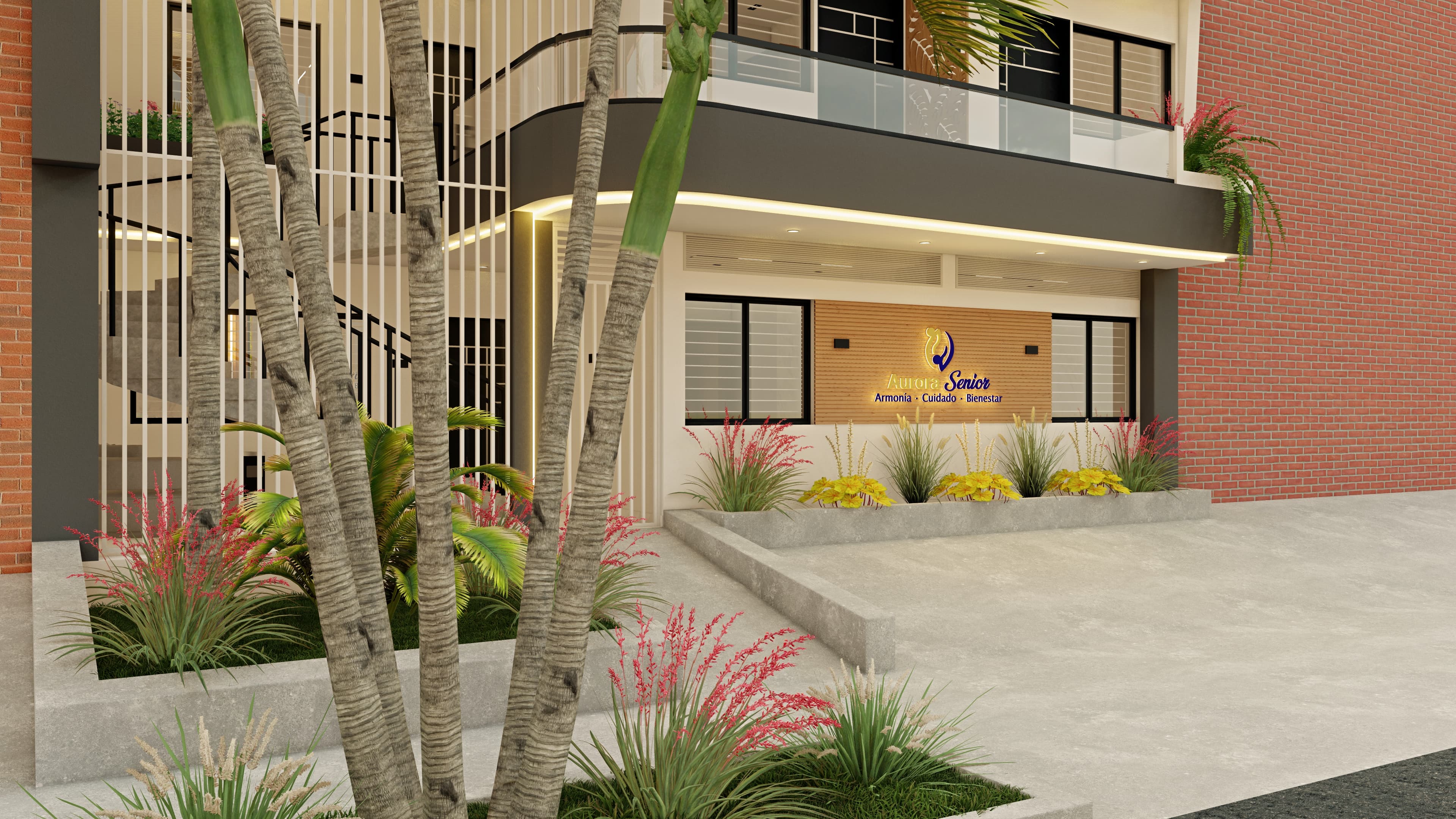 Detalle exterior del acceso del proyecto con paisajismo y fachada.
