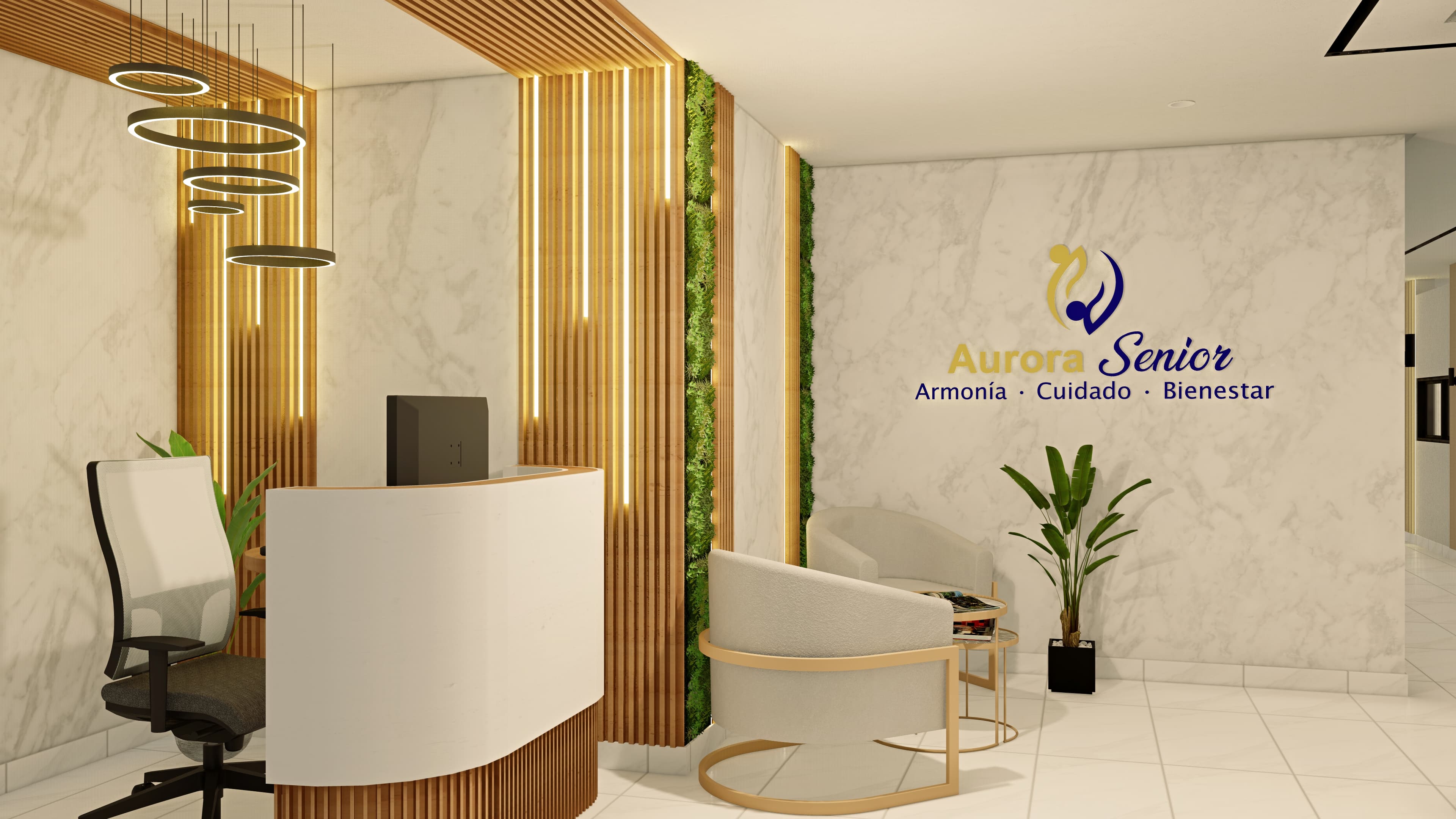Recepción renderizada del proyecto Aurora Vital con materiales cálidos y logo.