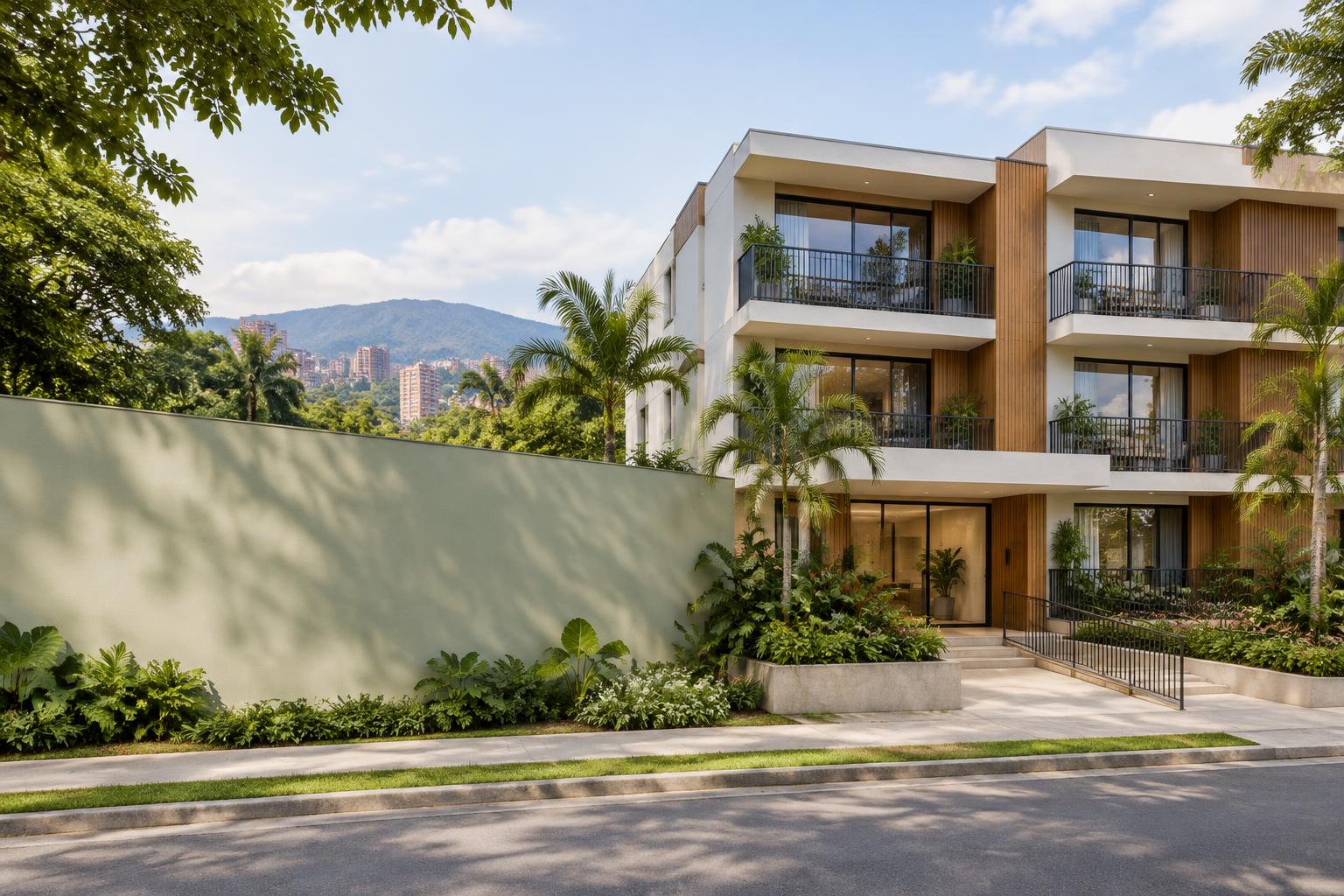 Visualización arquitectónica de una residencia rodeada de jardines